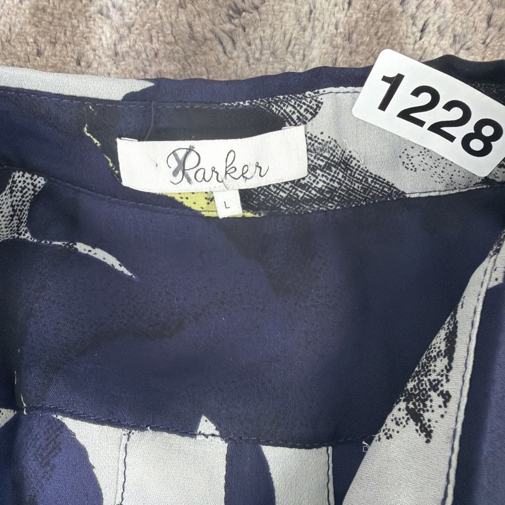 Parker Kelby Navy Yellow Floral Short Sleeve Button Silk Dress Large Fit Flare - Picture 3 of 9